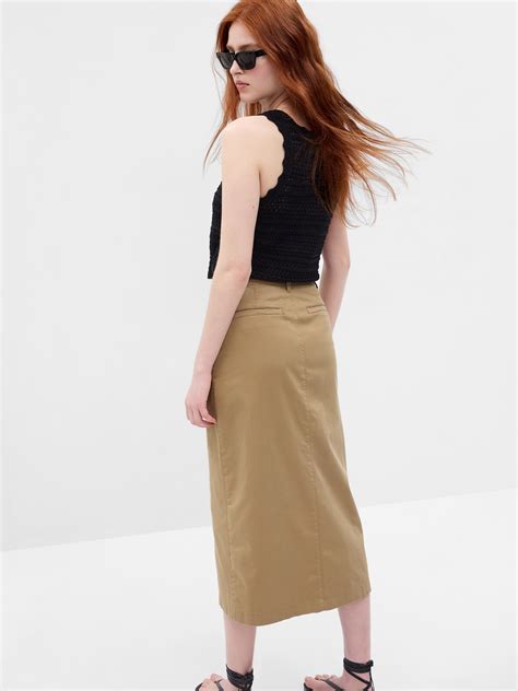 High Rise Pencil Khaki Midi Skirt With Washwell Gap