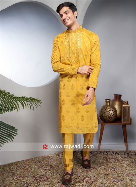 Mustard Yellow Embroidered Kurta Pajama