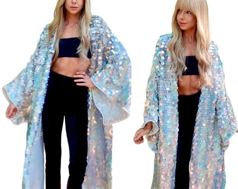 Hologram Silver Sequins Kimono Jacket Silver Sequins Festival Kimono