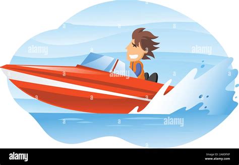 Cartoon Illustration Of A Man Driving An Speedboat Stock Vector Image