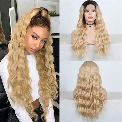 AIMEYA Perruque Lace Front Wig Synthétique Sans Colle Cheveux Blonds