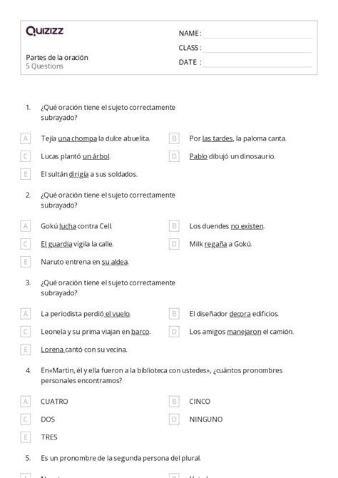 Partes De La Oraci N Hojas De Trabajo Para Grado En Quizizz