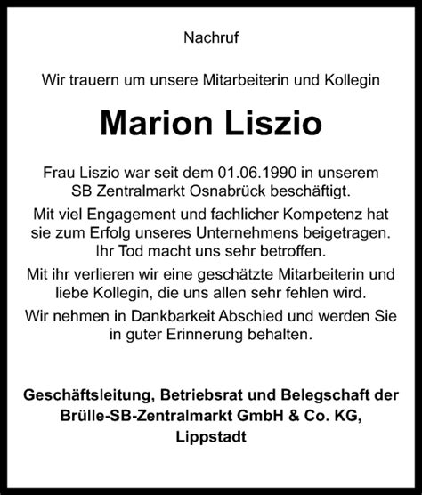 Traueranzeigen Von Marion Liszio Noz Trauerportal