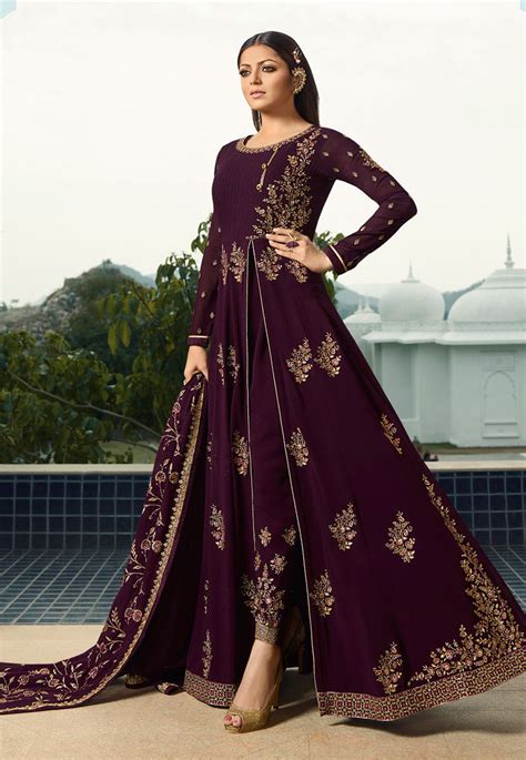 Embroidered Georgette Abaya Style Suit In Wine Kch