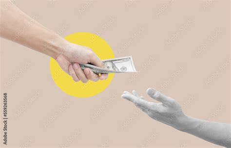 digital collage modern art hand giving  receiving money stock photo