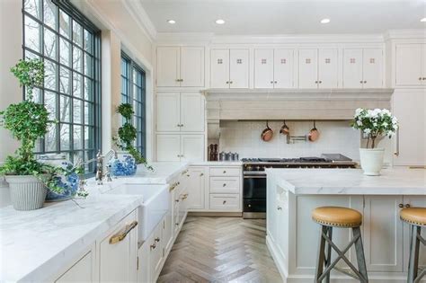 White Kitchen with Wood Chevron Floors - Transitional | Kitchen flooring, Kitchen design, White ...