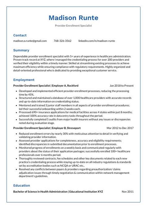 Provider Enrollment Specialist Resume Cv Example And Writing Guide