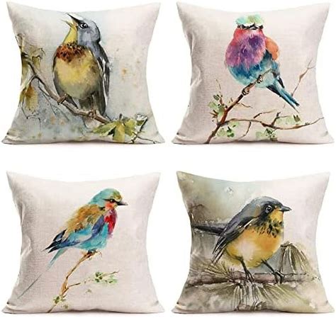 4Set Watercolor Birds Throw Pillow Covers Vintage Cute Robin