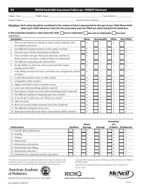 Fillable Online Nichq Vanderbilt Assessment Scale Parent Informant Fax