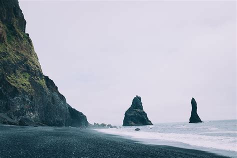 HD wallpaper: iceland, reynisfjara black sand beach, sea, clouds, rain ...