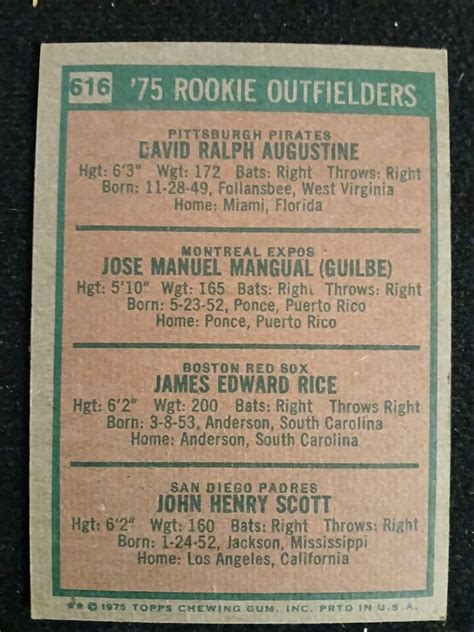 1975 Topps Baseball Card Rookie Outfielders 616 Rice Mangual Scott