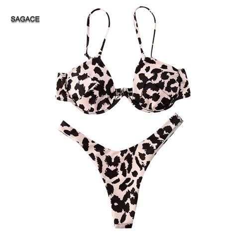 Sagace Bandage Underwire Bikini Set Women Leopard Print Split Swimsuit