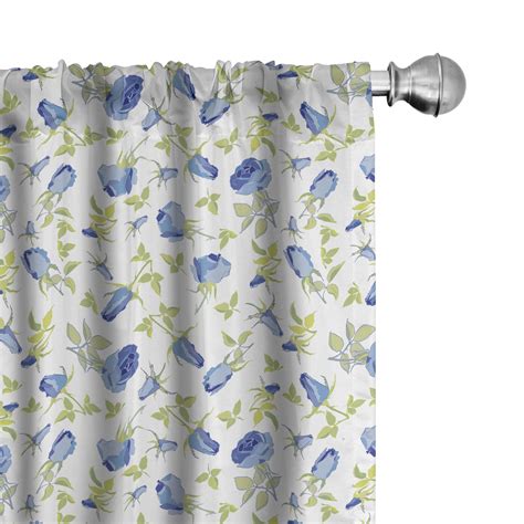 Ambesonne Green Flower Curtains Ornate Rose Buds Pair Of 28x63 Blue Pale Green White