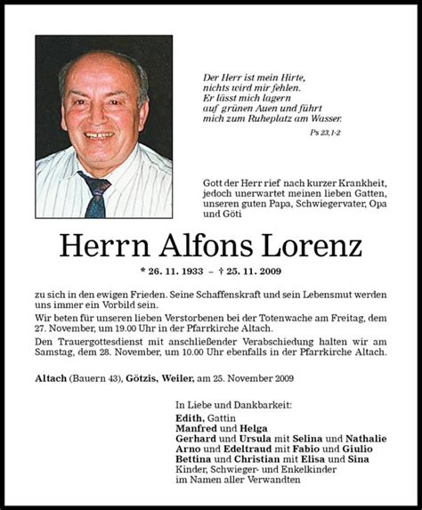 Todesanzeigen Von Alfons Lorenz Todesanzeigen Vorarlberger Nachrichten