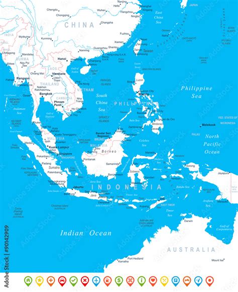 Azja Po Udniowo Wschodnia Mapa Ikony Nawigacji Ilustracja Mapa