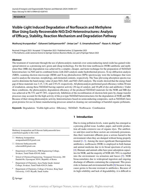 Visible Light Induced Degradation Of Norfloxacin And Methylene Blue