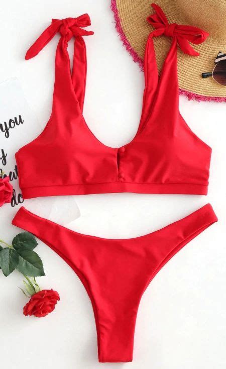 ZAFUL Tie Shoulder Button High Leg Bikini Set High Leg Bikini