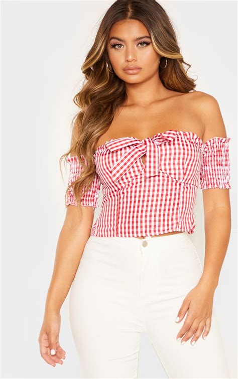 Red Gingham Cup Detail Bardot Crop Top Bardot Crop Top Crop Tops