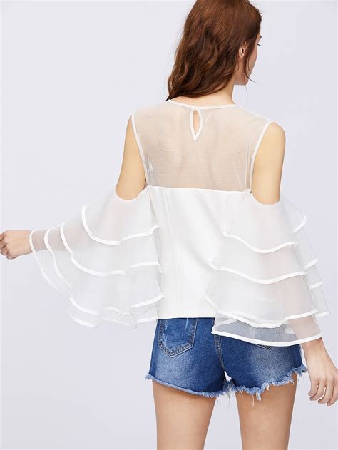 Contrast Sheer Mesh Tiered Bell Sleeve Top Sheinsheinside