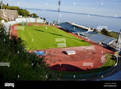 RIJEKA, CROATIA - MAY 11, 2021: Attractive an unique football stadium of NK Rijeka. The Kantrida ...