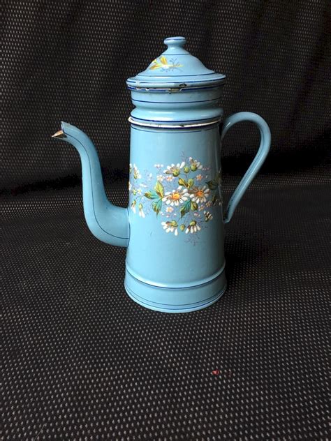 Ancienne Cafeti Re Maill E D Cor De Fleurs En Relief Bleu M Tal Floral