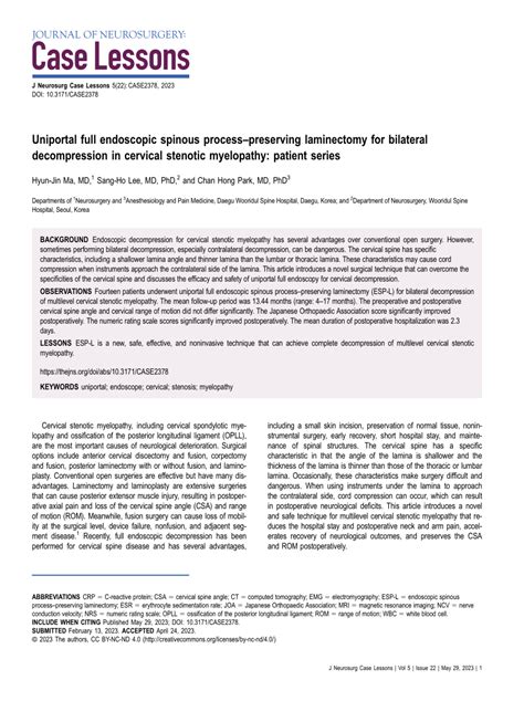 PDF Uniportal Full Endoscopic Spinous Process Preserving Laminectomy