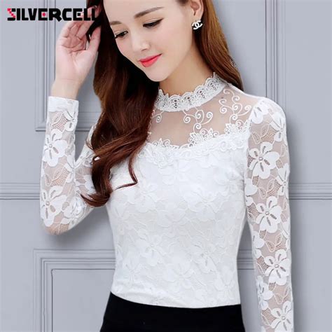 Women Blouses Fashion Lace Solid Spliced Sexy O Neck Long Sleeve Shirt