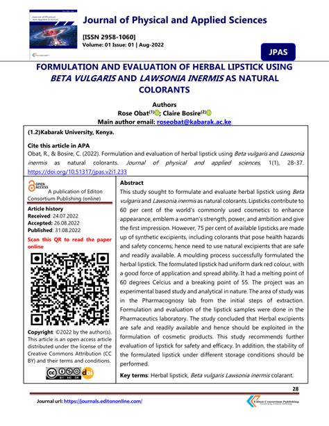 PDF Formulation And Evaluation Of Herbal Lipstick Using Beta Vulgaris