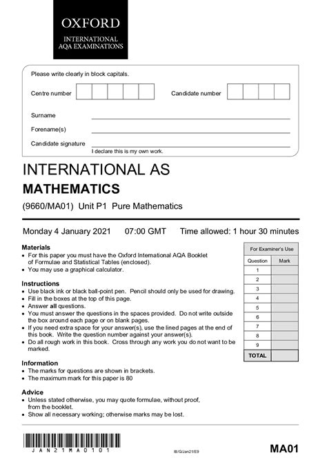 Oxford Aqa International As Mathematics Ma Unit P Pure