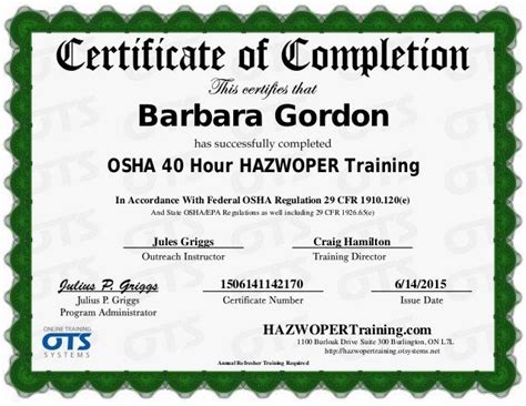 Osha 30 Certificate Template Barbara Gordons Training Course