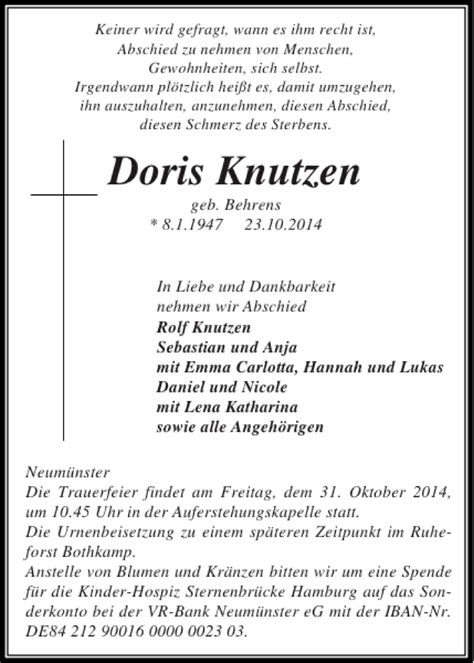 Traueranzeigen Von Doris Knutzen Sh Z Trauer