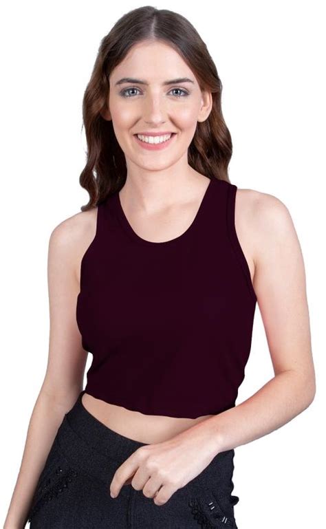 Buy THE BLAZZE Women S Wine Solid Scoop Neck Sleeveless Crop Top Online