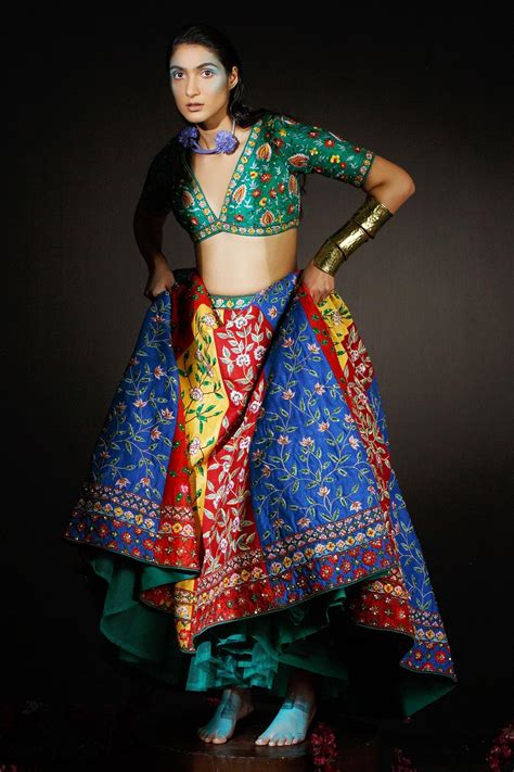 Buy Ahanthem By Reena Multi Color Raw Silk Floral Embroidered Lehenga