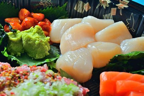 Assorted Japanese Scallop Sashimi Platter Stock Photo Image Of Cube