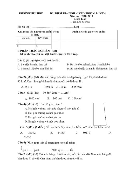 Đề Thi Cuối Học Kì 1 Môn Toán Lớp 4 Năm Học 2018 2019