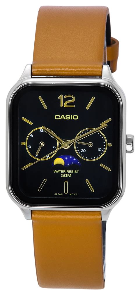 Casio Standard Analogique Phase De Lune Bracelet En Cuir Cadran Noir