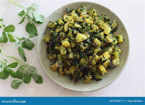 Aloo Methi In Copper Kadai Bowl Isolated At White Background Aloo