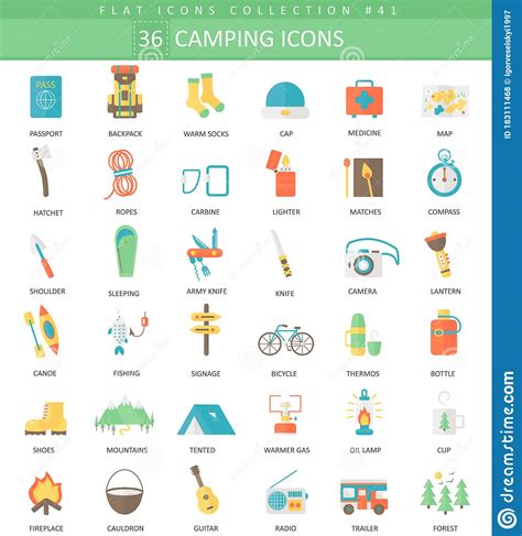 Vector Camping Color Flat Icon Set Elegant Style Design Stock