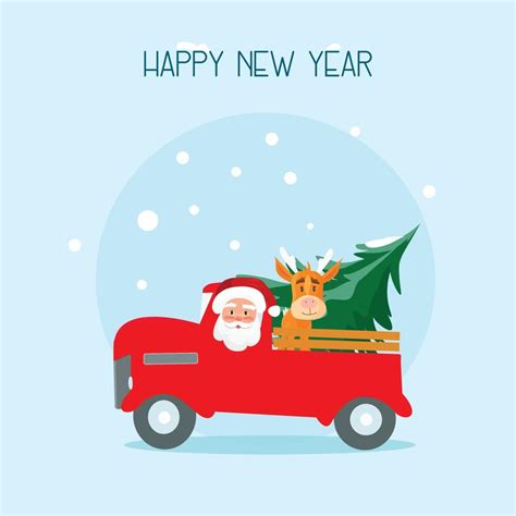 Santa Claus Driving The Car With A Cute Deer And Fir Christmas