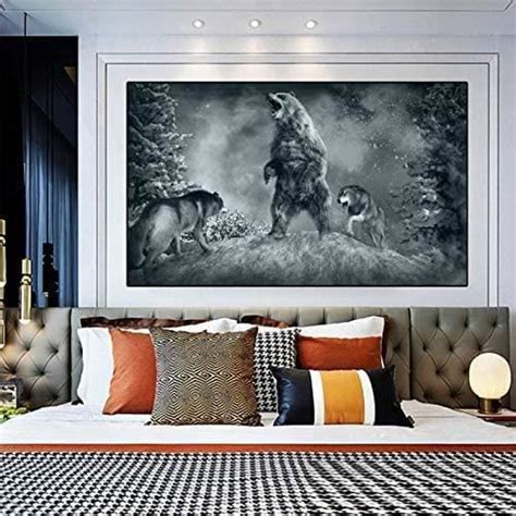 Decoration MuraleTrois Rugissant Noir Et Blanc Loup Animaux Tableaux