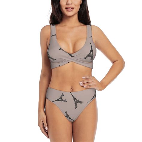 Bathing Suit For Women Black Eiffel Tower High Waisted Bikini Set