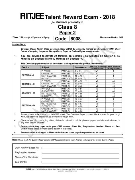 SOLUTION: Fiitjee sample papers class viii paper 2 - Studypool