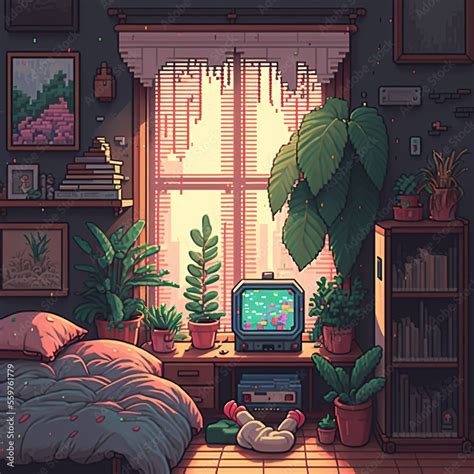 16 Bit Pixel Art Cozy Plant Filled Bedroom On A Rainy Day Ai Generated Illustration Stock