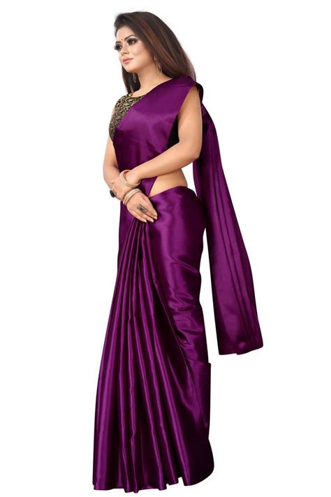 Wine Plain Satin Saree With Blouse Olive Enterprise 3255601