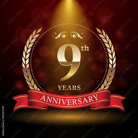 9th Anniversary. Anniversary logo design with Laurel wreath and red ribbon for celebration event ...