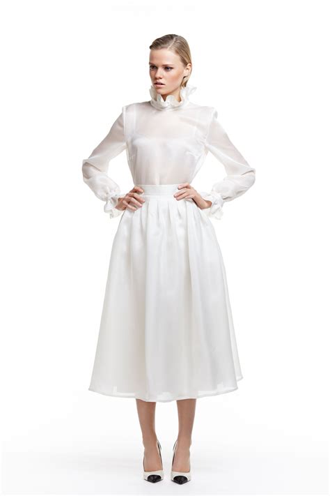 Look Xiv 22 Sheer Crisp White Silk Organza Blouse Ruffled High Neckline And Cuffs Self Tie