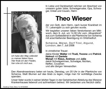 Traueranzeigen Von Theo Wieser Trauer Bz