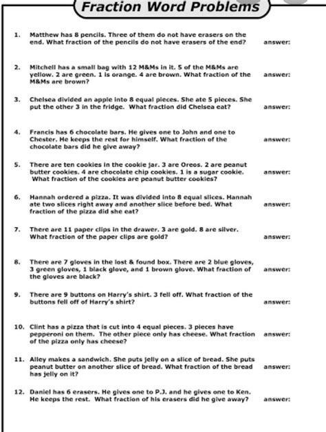 Word Problem Fraction Worksheet For Class 6