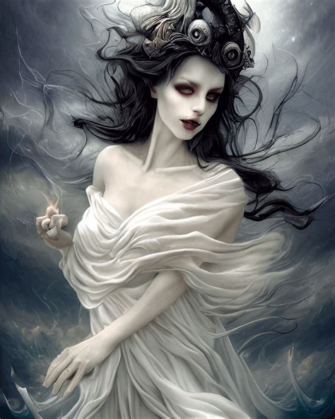 Lilith Horned Head White Gown Beautiful Face Flowing Windblown Hair