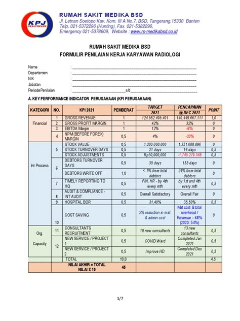 Formulir Penilaian Kinerja 2021 Pk Radiologi Pdf